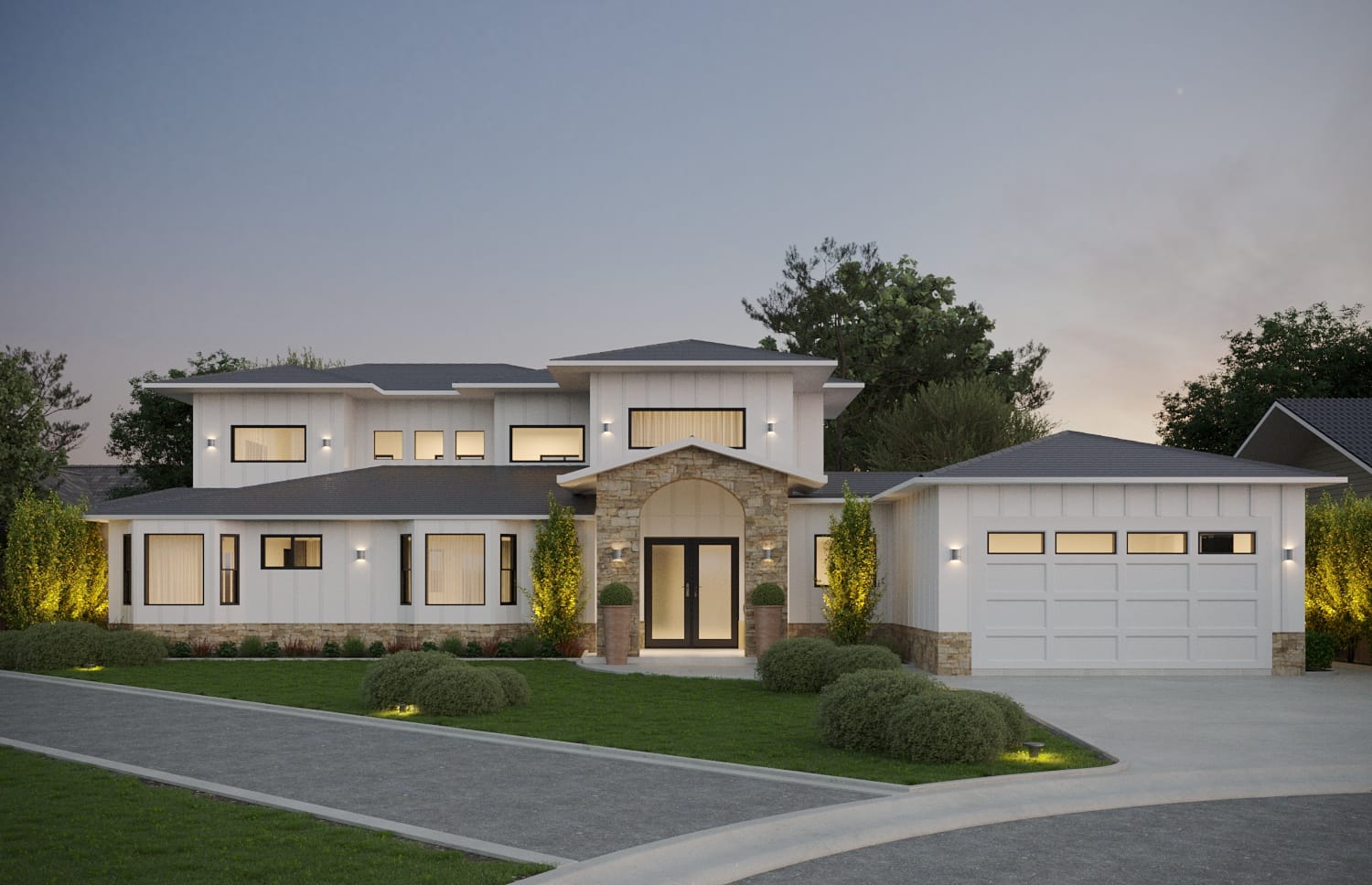 Dusk exterior render of a white board-and-batten house with stone arched entry, low hipped roofs and lit interiors, seen from the driveway