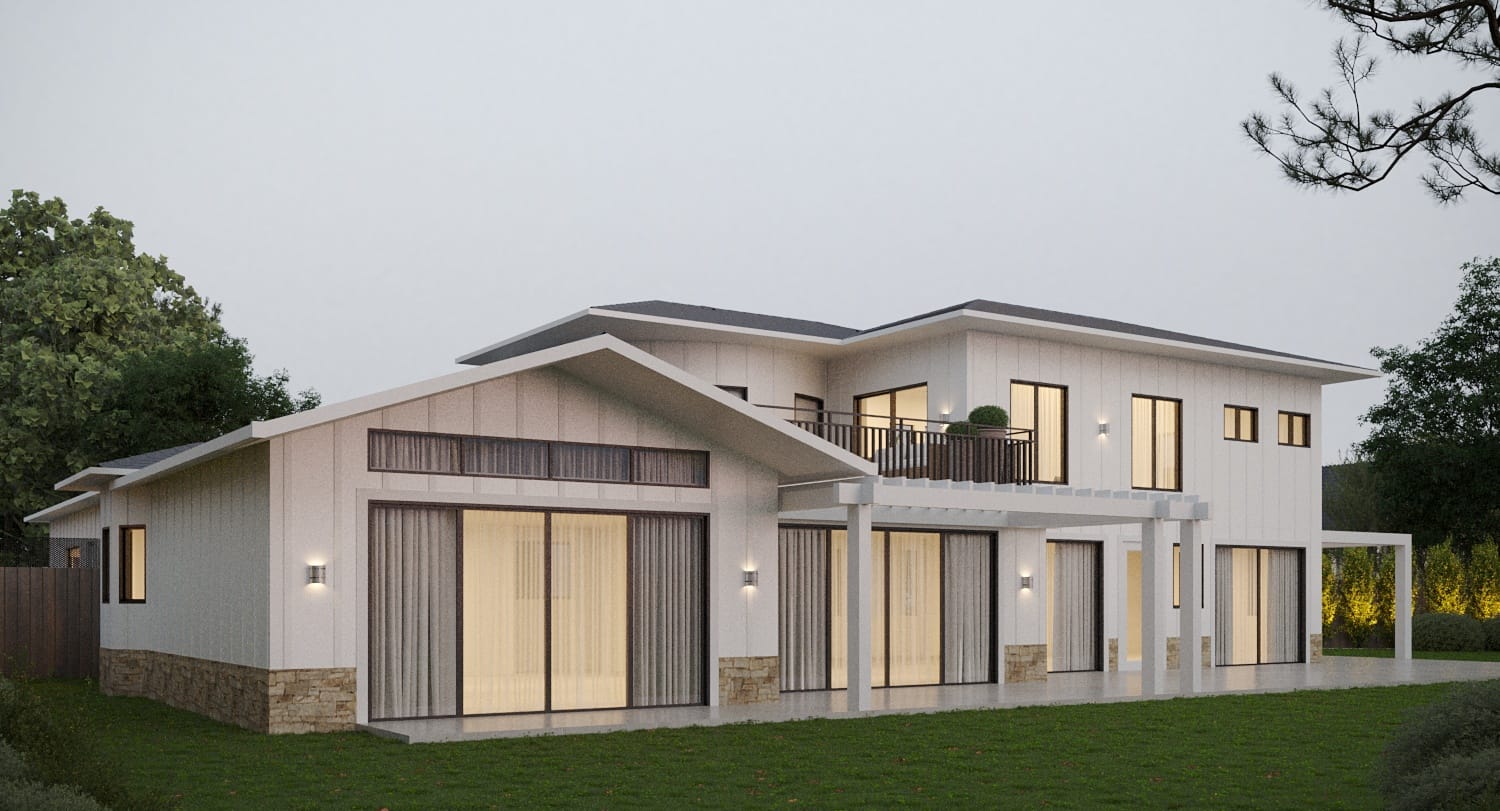 Side and rear view of the house under overcast twilight, showing the pergola-covered walkway and stone base course