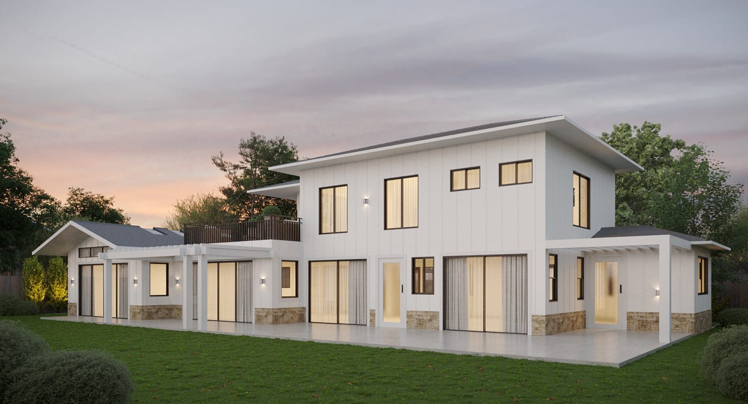 Dusk exterior render of a two-storey house with full-height sliding glazing and a covered terrace