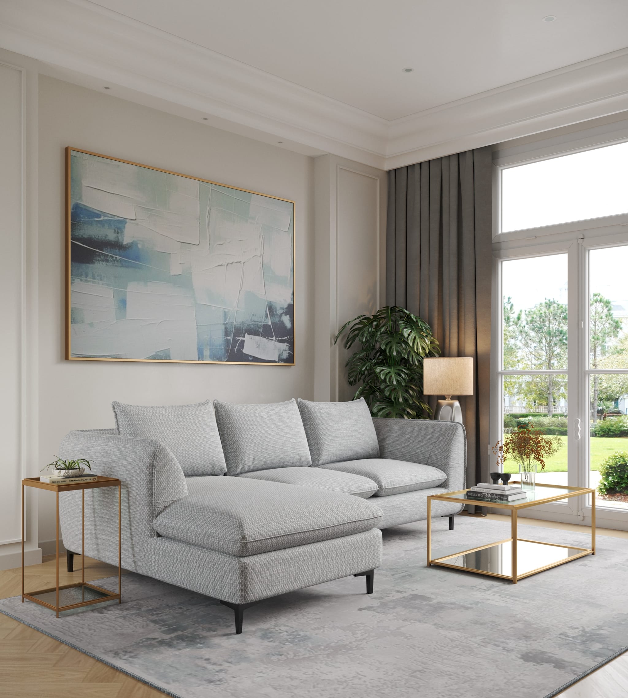 Pale grey woven-fabric chaise sectional in a classical panelled room with herringbone parquet, brass and glass tables, a large abstract canvas and a tall curtained window