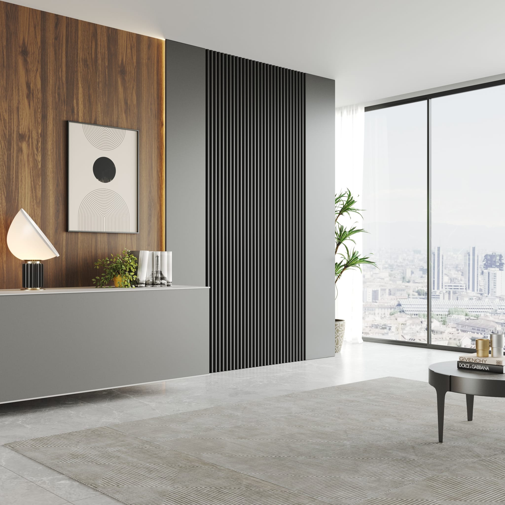 Empty modern interior backplate with walnut panelling, a black vertical slat feature wall, floating grey credenza, stone tile floor and a hazy city view through corner glazing