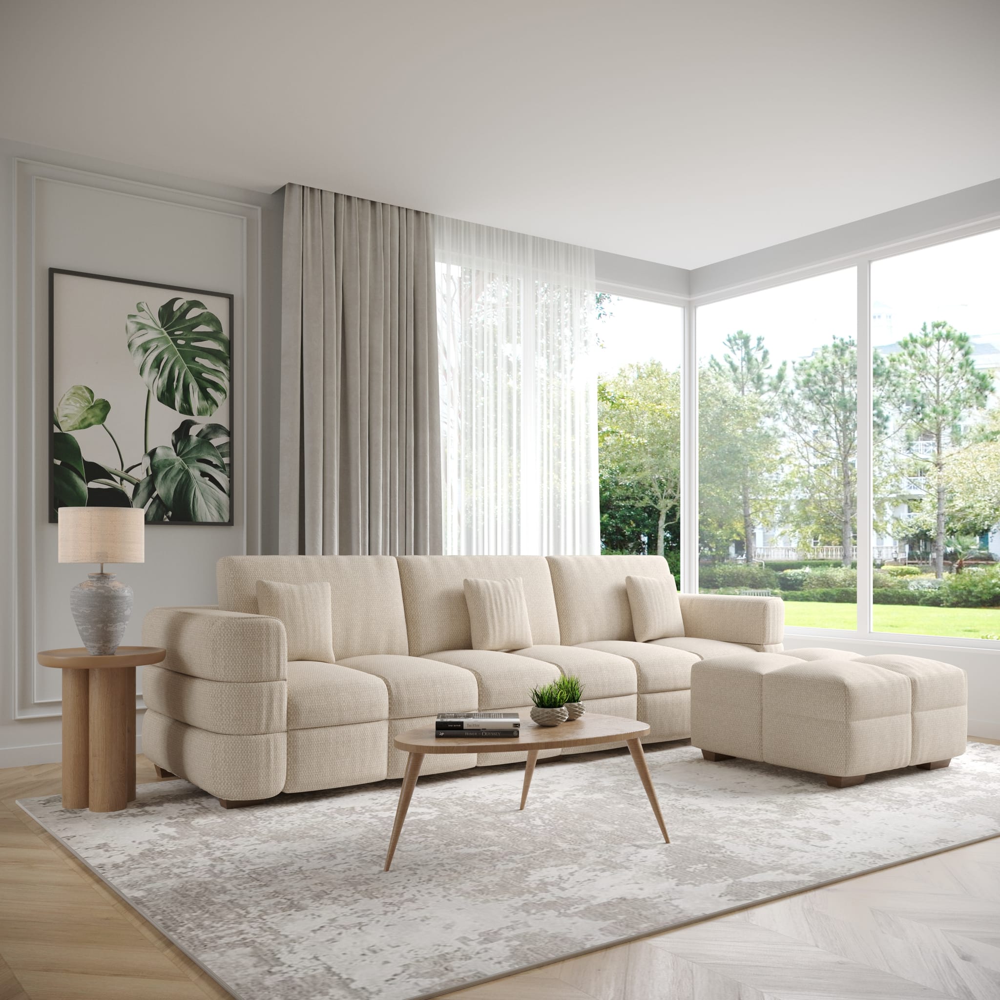 Cream bouclé modular sectional with a large ottoman in a panelled room with corner glazing onto a garden