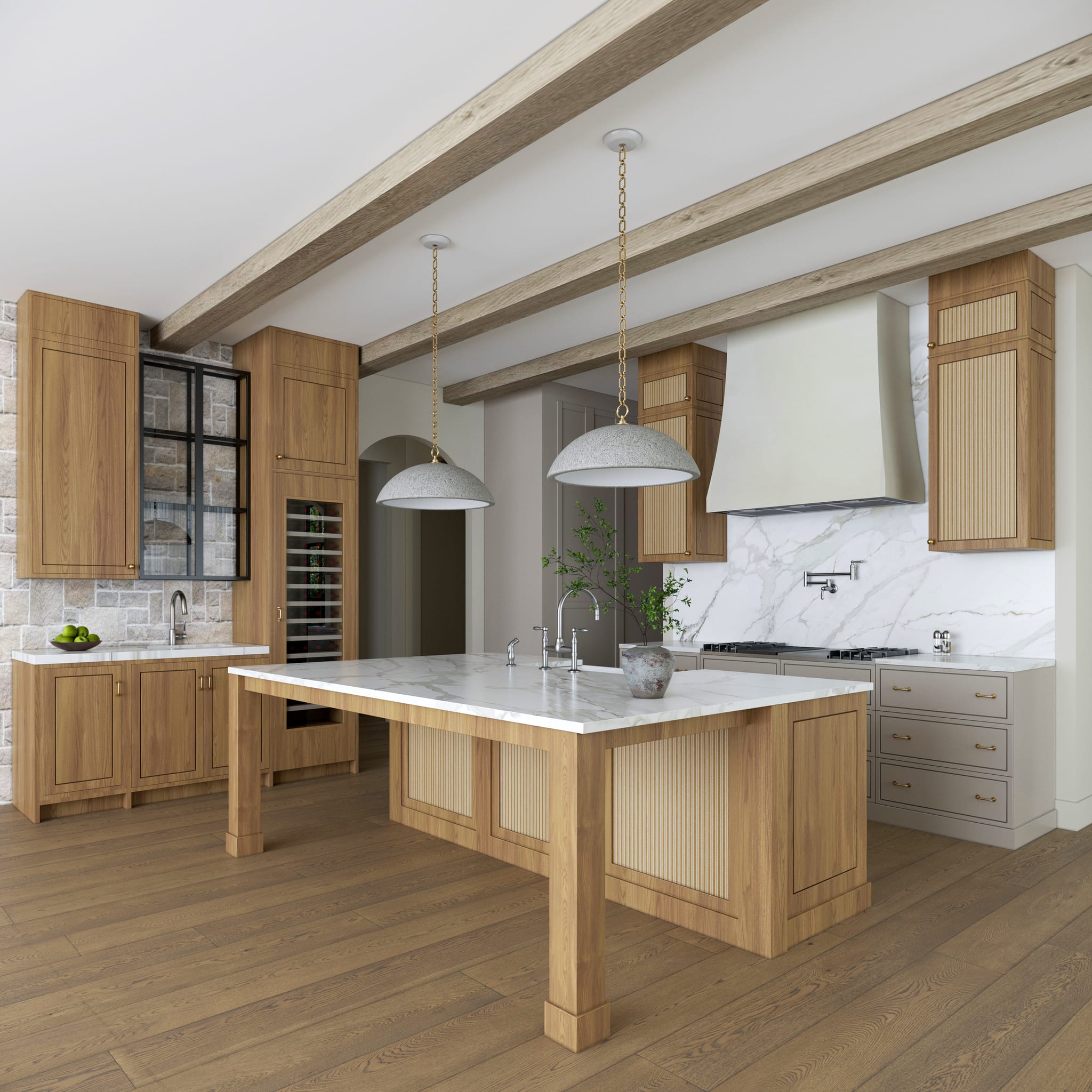 Kitchen render with rift-cut oak cabinetry, marble island on a furniture base, plaster hood and dry-stacked stone wall under exposed timber beams