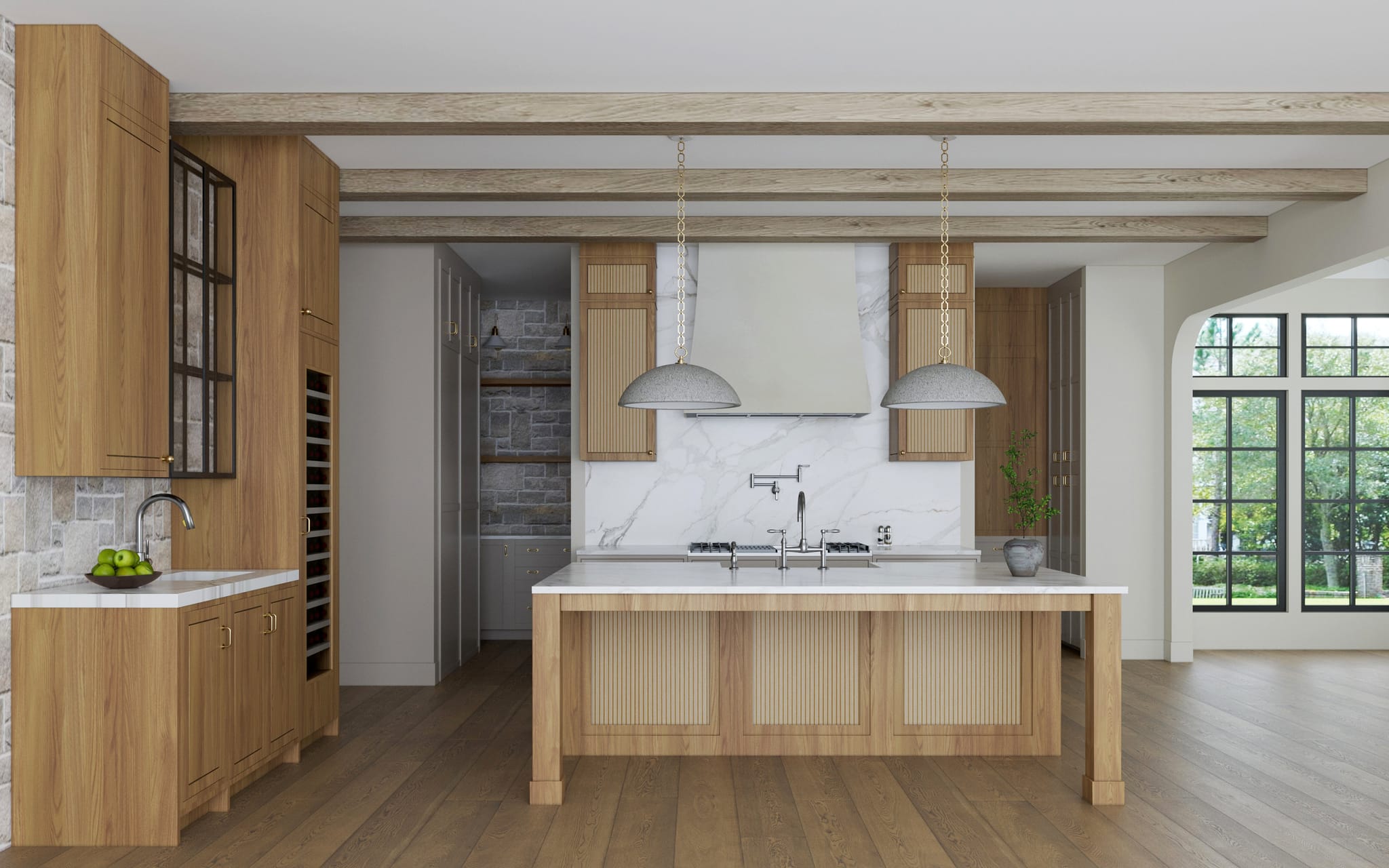 Wide kitchen view showing the full cabinetry run, marble backsplash and brass pendant lighting over the island