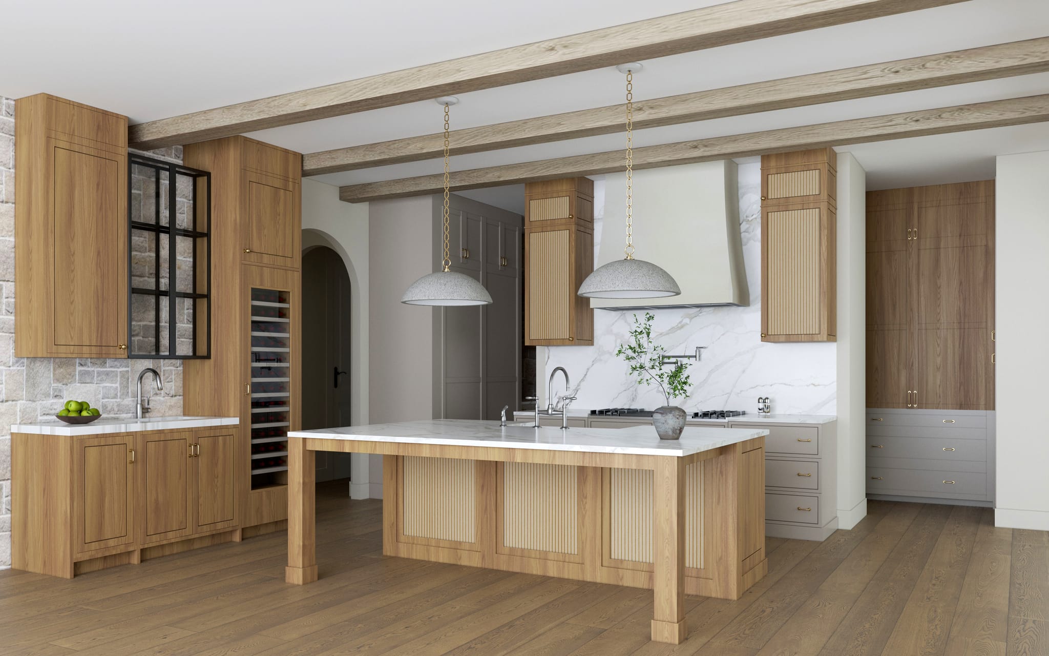 Alternate kitchen angle showing the range wall, glass-fronted upper cabinets and integrated wine storage
