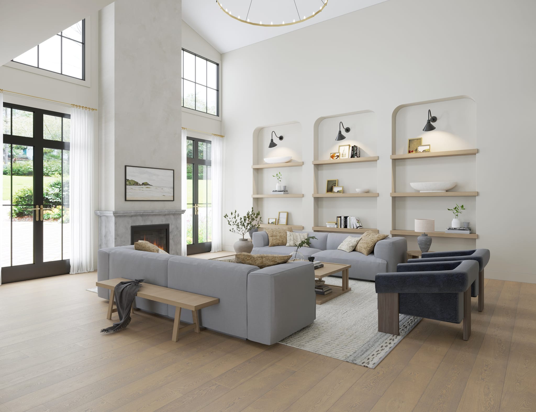Double-height living room with grey modular sectional, marble fireplace, arched shelving niches with wall sconces and black steel French doors to a garden
