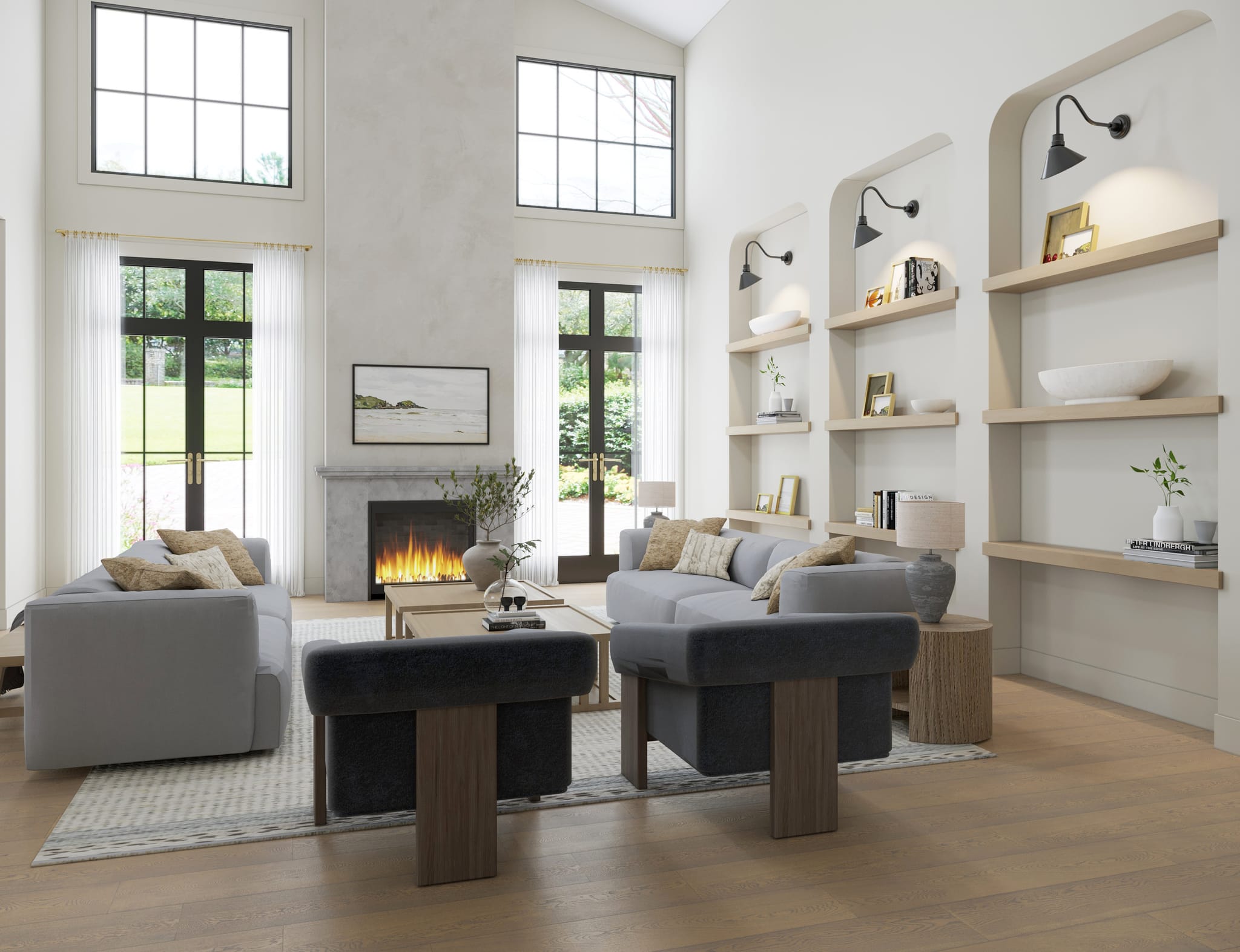 Second living room angle showing the vaulted ceiling, brass ring chandelier and full-height glazing along the garden wall