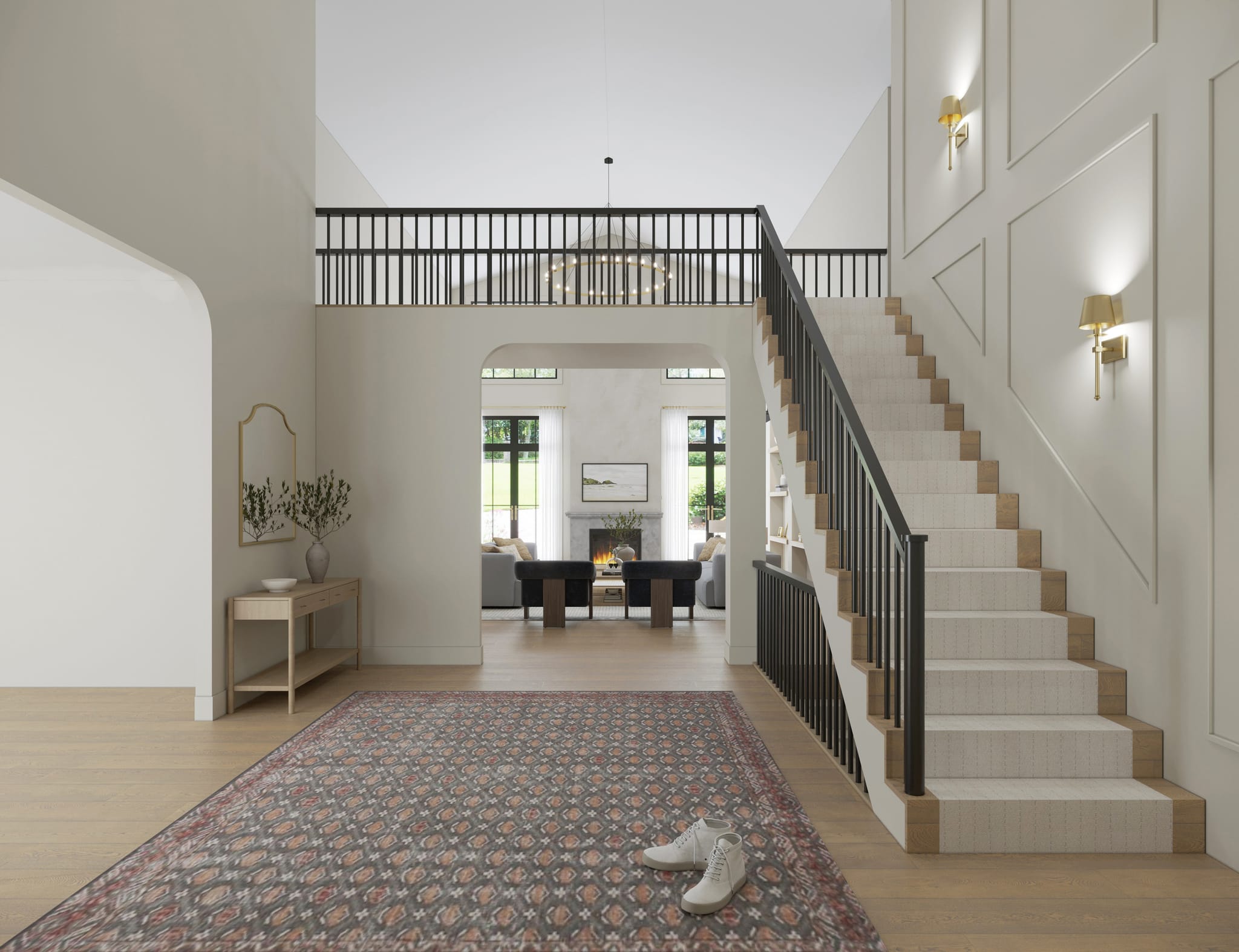 Entry hall looking through an arched opening to the living room, with a carpeted oak stair, black metal balustrade and applied wall panelling