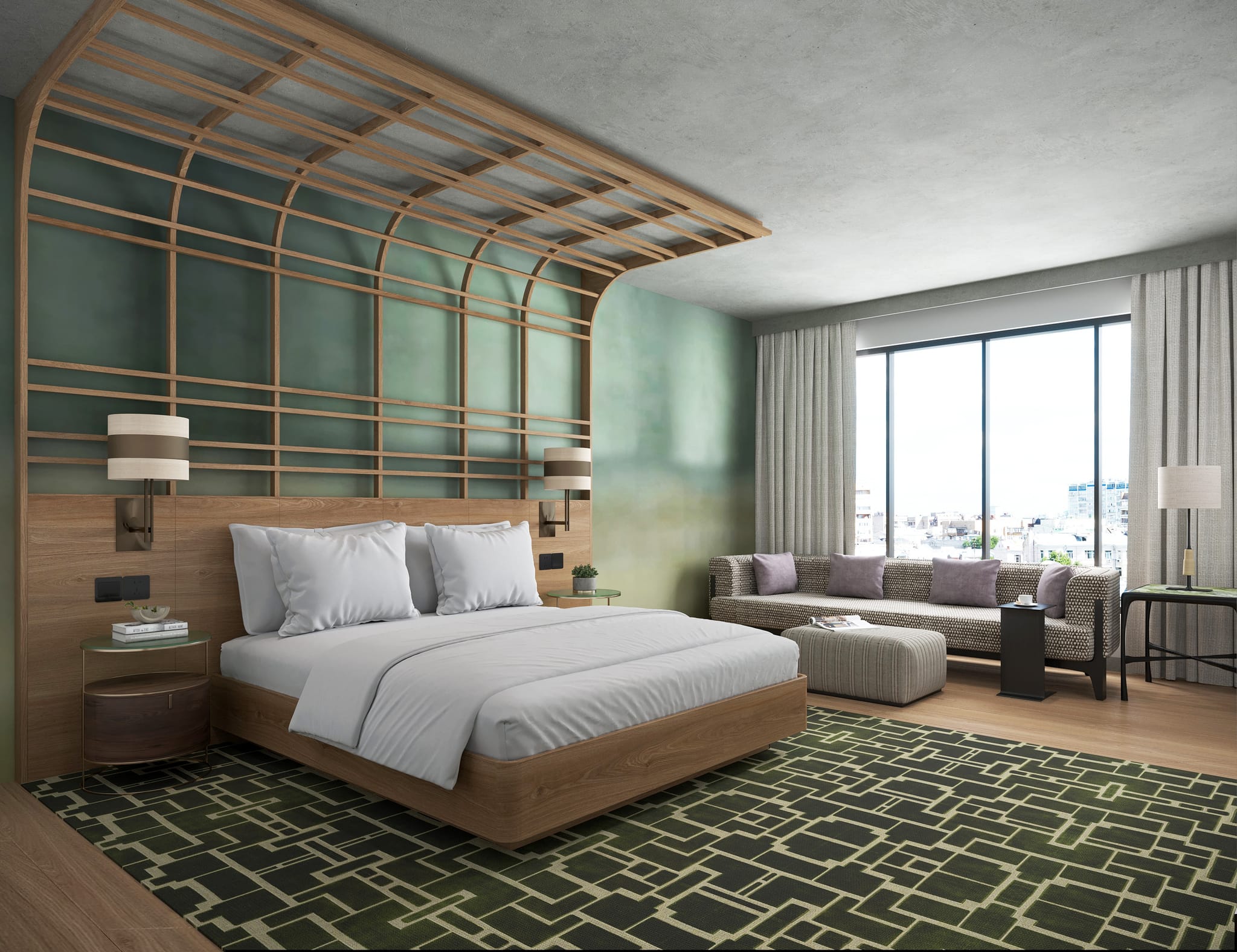 Hotel guest suite with a curved oak batten screen over a sage green wall, king bed with white linen, concrete soffit, patterned green carpet and a city view through full-height glazing