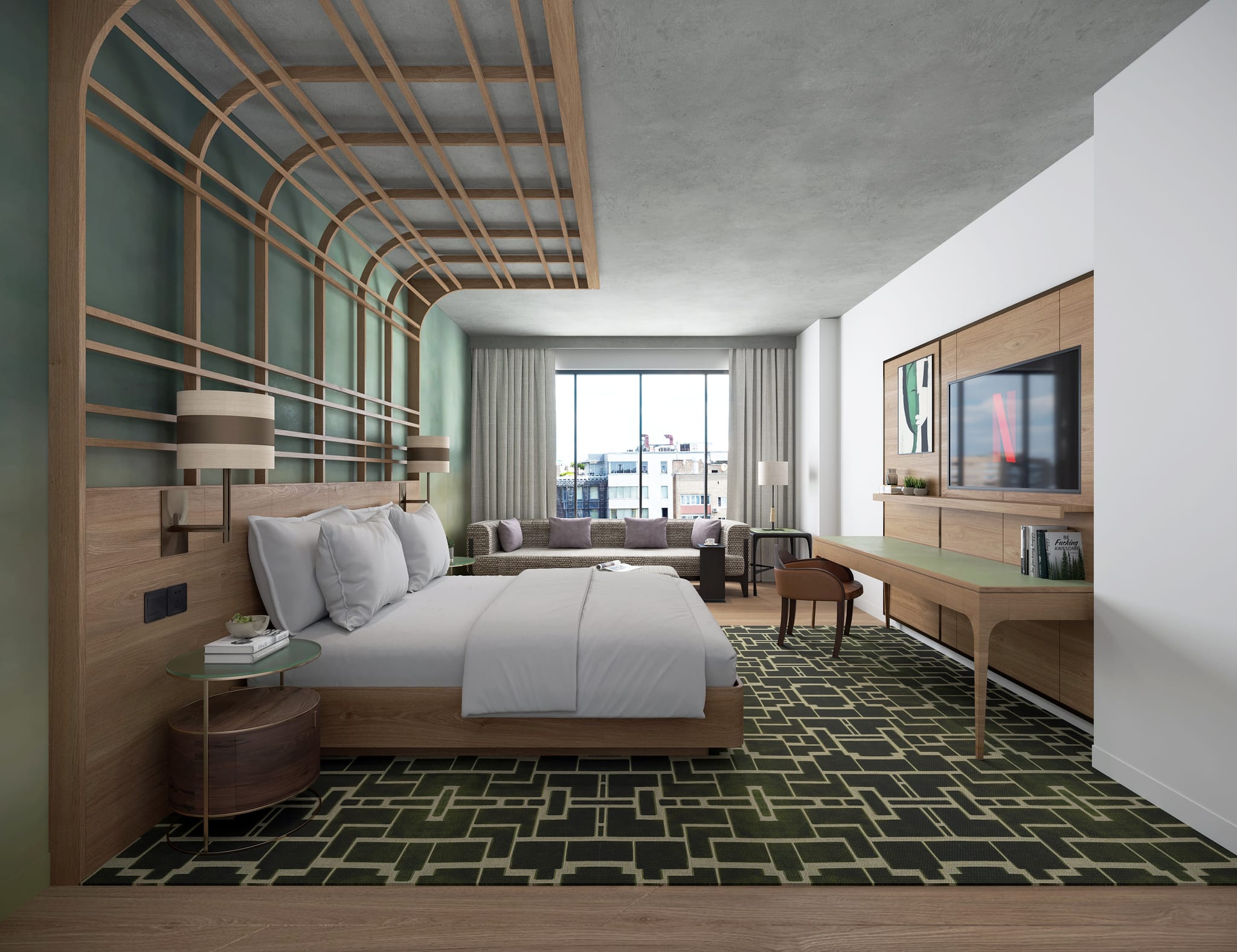 Wider view of the same hotel suite showing the desk and media wall in oak joinery, lounge seating at the window and the batten screen curving across the ceiling